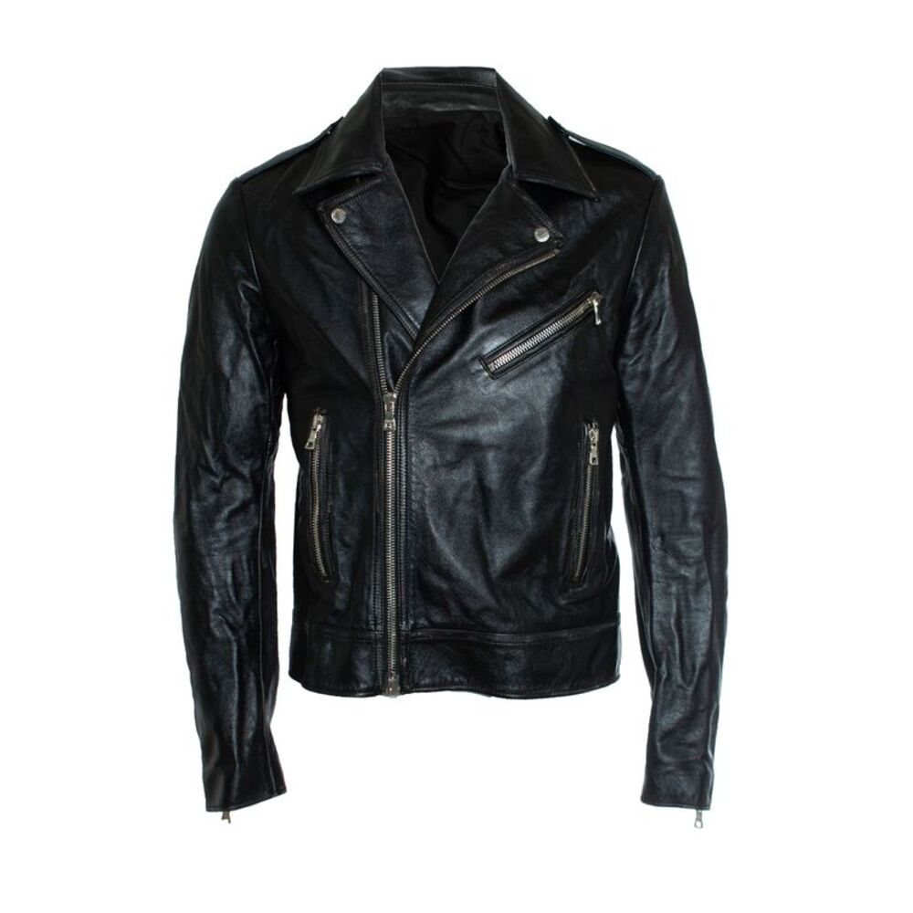 Balmain, Black leather biker jacket with zippers and logo